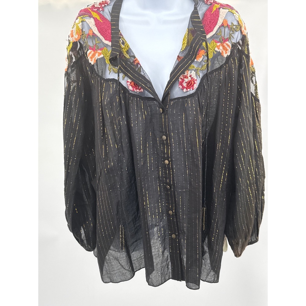 Aratta Silent Journey Black Gold Metallic Stripe Floral Embroidered Blouse M NEW